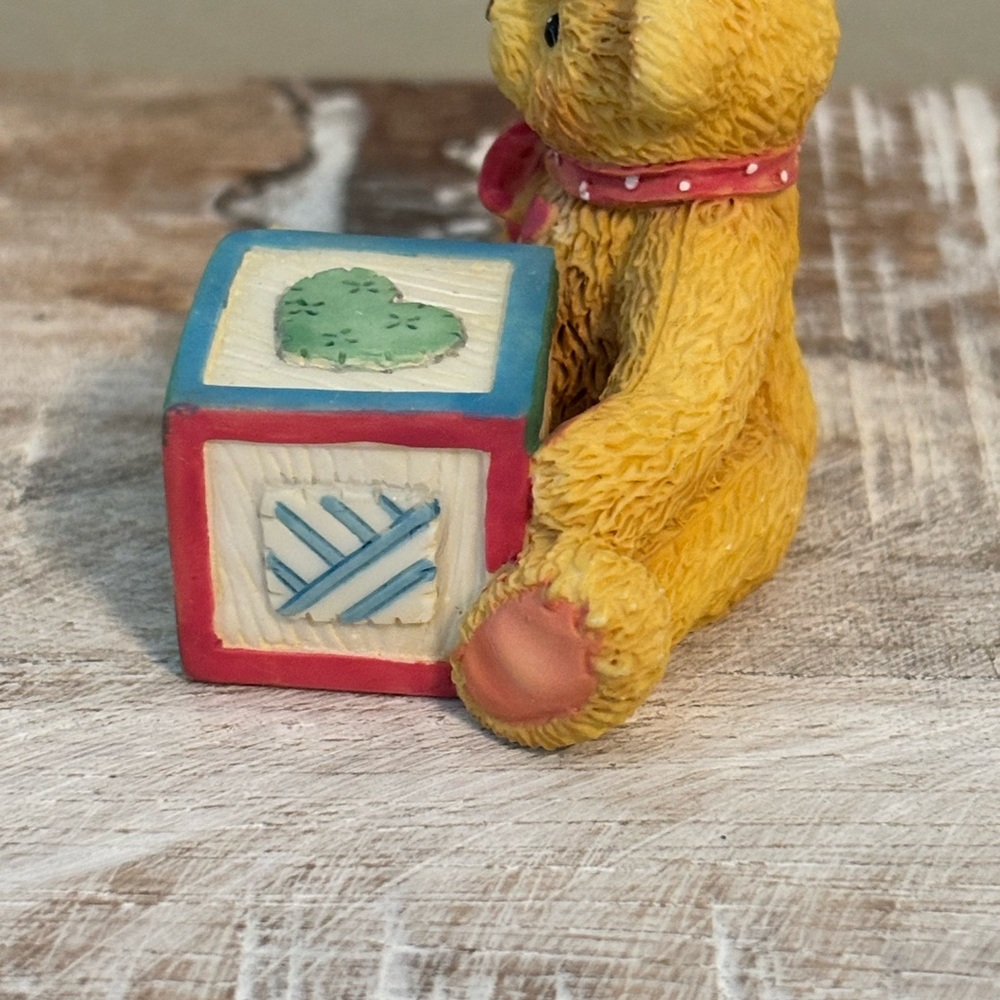 Cherished Teddies Golden Bear with Red Bow and Block J - Picture 2 of 5